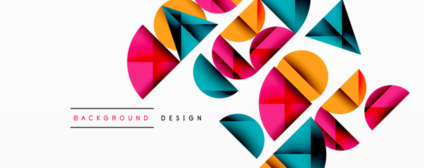 Abstract geometric shapes overlap, creating vibrant colorful design. Minimalist style with gradients, modern aesthetic.