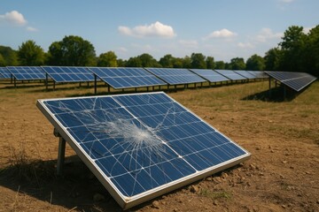 Damaged Solar Panel in Sunny Field Highlighting Renewable Energy Challenges