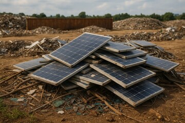 Discarded Solar Panels in a Landfill Highlighting Environmental Waste Challenges