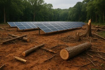 Solar Panels in a Deforested Area Highlighting Renewable Energy and Environmental Impact