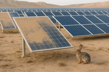 Desert Rabbit Sitting Beside Dusty Solar Panels in Renewable Energy Farm
