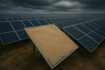 Dusty Solar Panels Under Cloudy Sky Highlighting Maintenance Needs