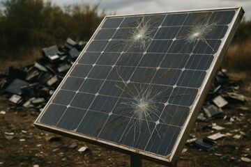 Damaged Solar Panel in Abandoned Field Highlighting Environmental Challenges