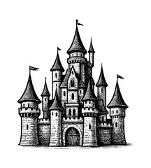 Fototapeta premium Detailed Engraving of a Medieval Castle with Turrets and Flags in Black and White