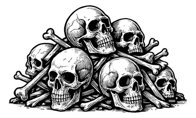 Pile of Skulls and Bones Illustration in Detailed Black and White Engraving Style