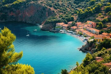 Obraz premium Discover stunning coastal beauty on summer holidays in Greece, Summer holidays and vacation in Greece Beautiful Assos village in Ionian sea