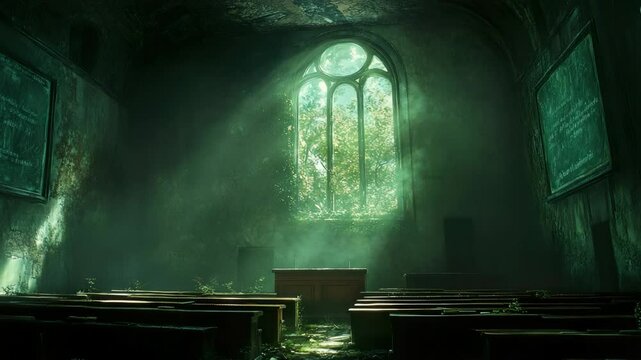 A dark church with a light coming from the window