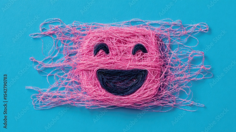 Poster floating threads create a cheerful laughing face symbol against a bright blue background