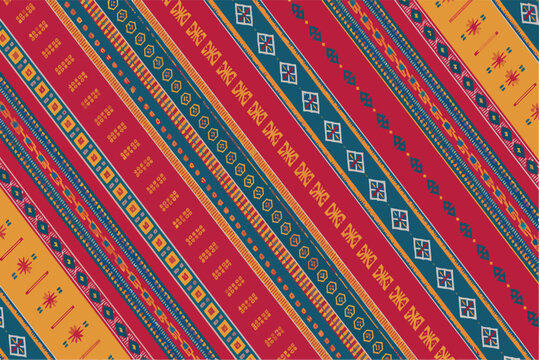 A traditional Yakan textile pattern from the Philippines, featuring colorful, intricate geometric motifs and symmetrical bands in vibrant hues, indigenous craftsmanship