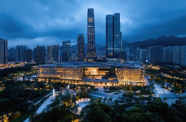 Aerial view of modern city at twilight. Illuminated buildings and parkland