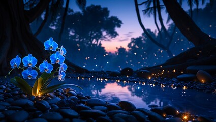 Blue Orchid Blooming Near Reflective Water in a Magical Forest Scene