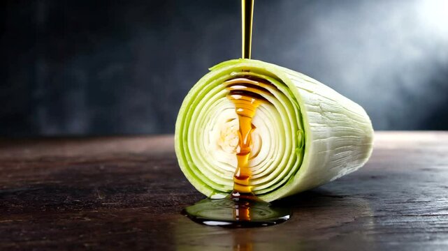 Freshly sliced leek drizzled with rich balsamic glaze on a rustic wooden surface