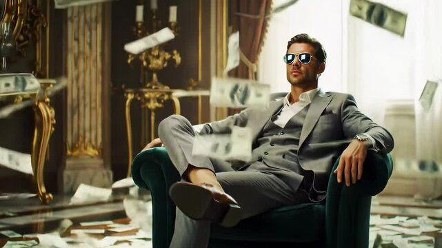A wealthy man sits confidently as dollar bills fall around him. The concept of luxury, financial success, and economic abundance. Generative AI.