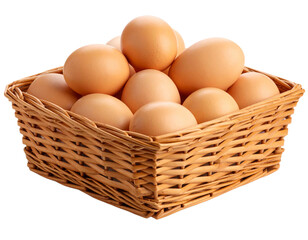 Raw chicken eggs in a square basket isolated on white background. Suitable for marketing or business purposes. PNG file