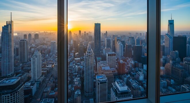 Fototapeta New York City skyline at sunset seen from window