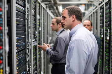 Business professionals inspecting equipment in a modern data center during a workday, Business people looking around large modern data center with rows of server racks
