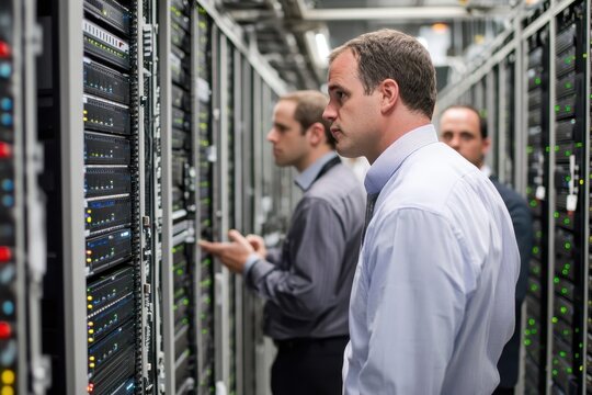 Business professionals inspecting equipment in a modern data center during a workday, Business people looking around large modern data center with rows of server racks