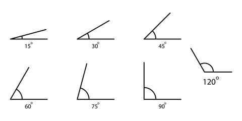 Set of Geometric Angle Icons – Math Degree Symbols from 15° to 90° with Arrows for Educational Use, Vecto illustration.