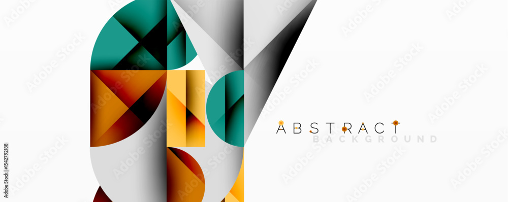 Poster Modern geometric design. Overlapping shapes create dynamic visual effect. Bright colors contrast with white space. Minimalist style.