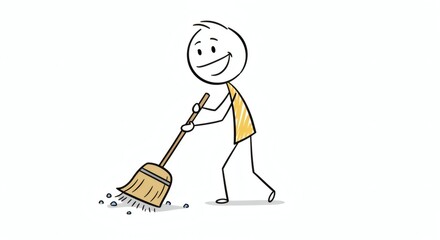 Happy Stick Figure Sweeping Cleaning Illustration