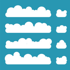 Flat cloud. Simple cloudy shapes. Cartoon white puffy, fluffy and cumulus clouds in blue sky. Abstract comic weather elements