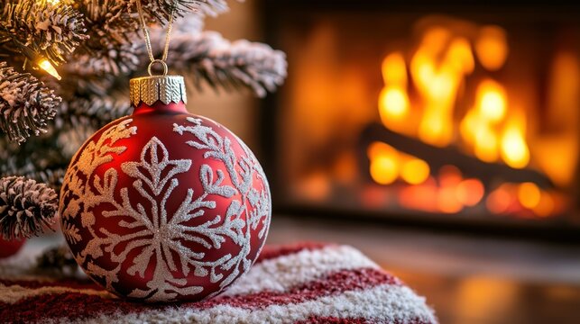 Red snowflake ornament near lit fireplace, warm tone