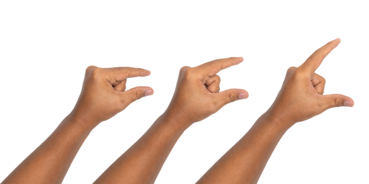 male hand zooming or pinching size from small to big isolated on white background. transparent png