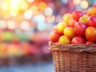 Basket filled with shiny red and yellow cherry tomatoes against a blurred, colorful background with soft bokeh lighting.
