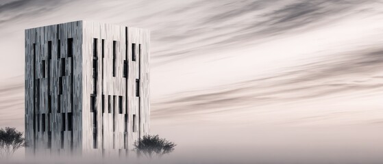 Modern architecture in a misty landscape