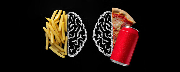 Hand drawn two halfs of human brain and junk food on black background with copy space. Unhealthy food concept. Fast food addiction. 