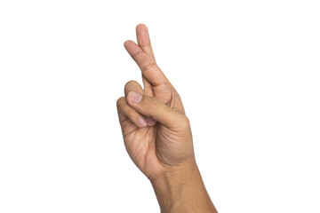 male hands showing fingers crossed gesture isolated on white background. transparent png