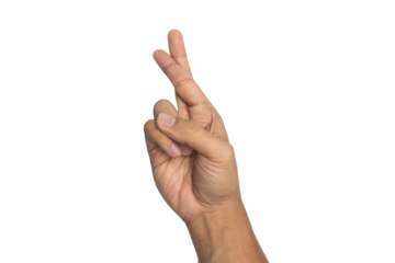 male hands showing fingers crossed gesture isolated on white background. transparent png