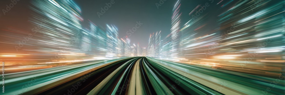 Poster Futuristic cityscape viewed from hyper loop with motion blur and illuminated skyscrapers, symbolizing next-generation connectivity and fintech innovation