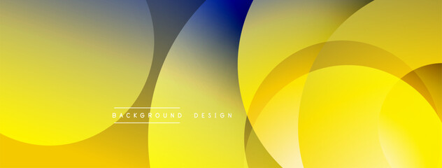 Abstract yellow background features overlapping circles, gradients. Modern design element suitable for banners, presentations. Smooth transitions create visual depth.