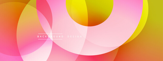 Abstract fluid shapes overlap, creating vibrant color gradients. Pink, yellow, orange hues dominate design. Modern aesthetic.
