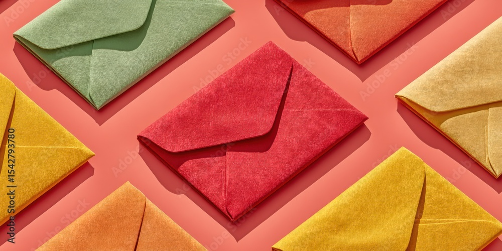 Poster colorful vote-by-mail ballot envelopes with application letter on red flat surface for absentee voti