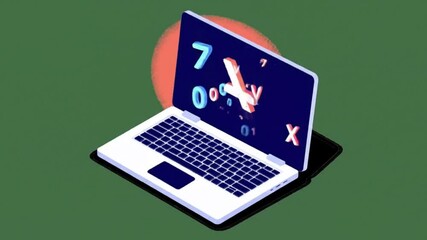 Isometric animation showcasing laptops with evolving mathematical symbols on screen - Powered by Adobe