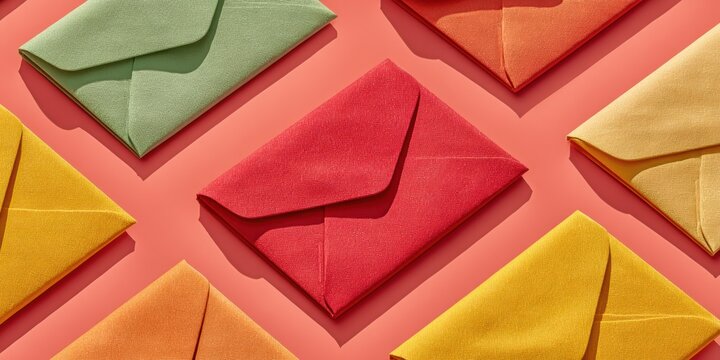 Colorful Vote-by-Mail Ballot Envelopes with Application Letter on Red Flat Surface for Absentee Voting and Accessible Democratic Participation