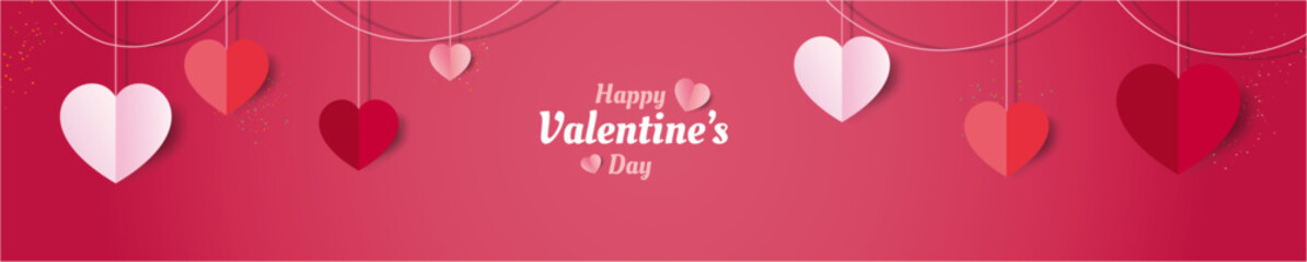Happy Valentine's Day romantic banner background with beautiful hanging paper cut style hearts decoration.