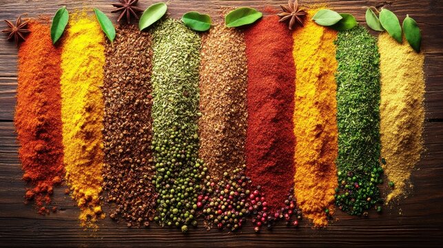 Row of colorful spices with leaves on wooden backdrop