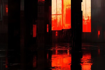 Dark cityscape with red light reflections, urban night scene, abstract city background