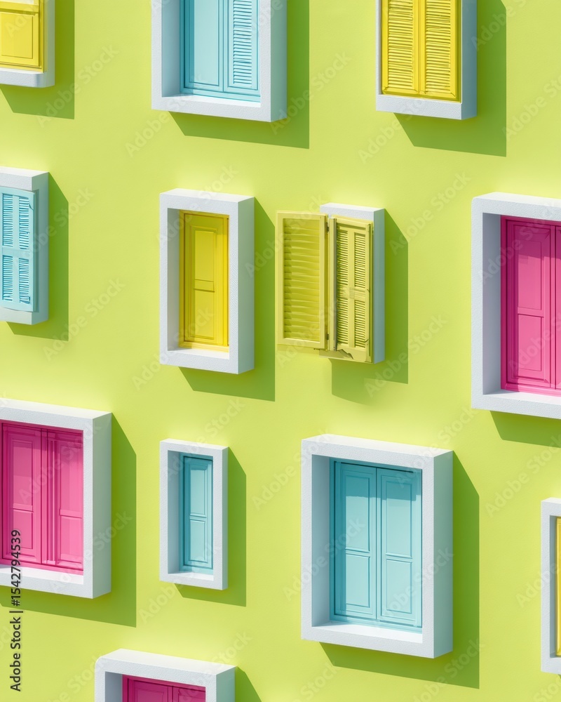 Poster vibrant retro-digital isometric windows wall with bold color palette and geometric shadows for moder