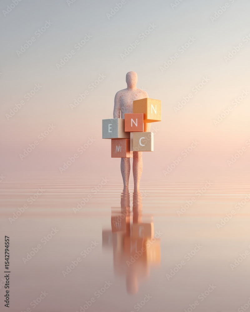 Poster minimalist wellness concept with human silhouette and mineral element blocks in serene dawn light fo