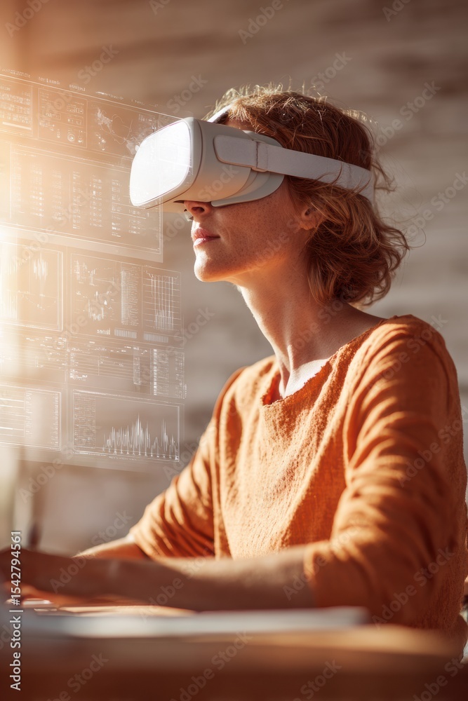 Aufkleber woman using vr headset in modern office with floating holographic data visualizations for immersive 