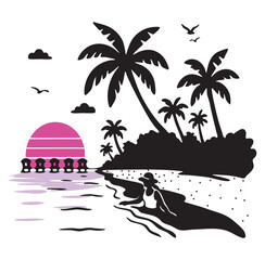 palm trees and pink sunset vector silhouette. female figure on the ocean shore vector silhouette