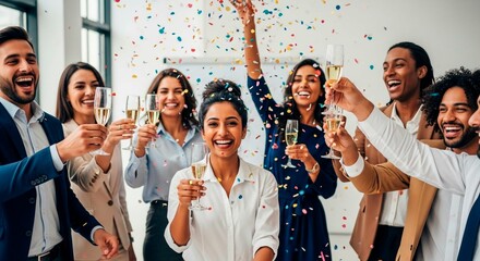 Group of diverse professionals celebrating with champagne and confetti in a bright office space indoors
