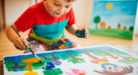 A young boy painting a colorful picture on the floor with a paintbrush and a painting in the background