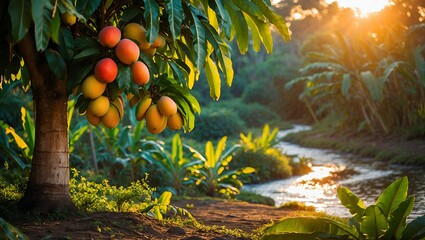 Fruit Tree by River at Sunset in a Tropical Landscape