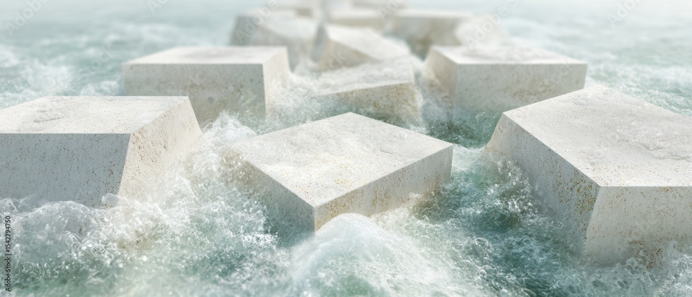Aufkleber modern shoreline defense with geometric concrete tetrapods in turbulent ocean waves for advanced coa