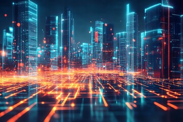 Futuristic city skyline with glowing digital network, abstract cityscape illustration